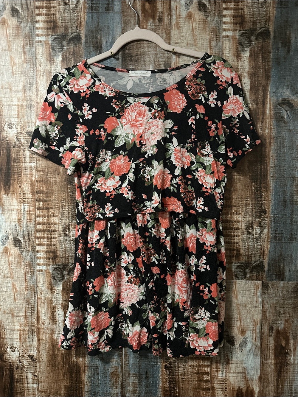 Bearsland Black Floral Short Sleeve Layered Top with Coral Blooms